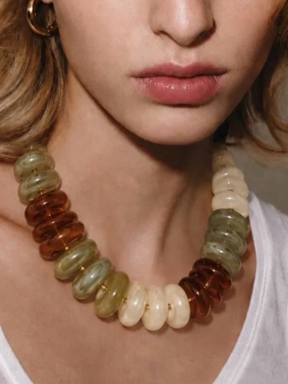Chunky Statement Beaded Necklace Ivory Olive Amber Boho Fall Jewelry